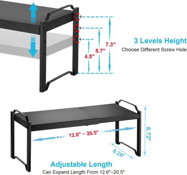2 Pack Expandable Cabinet Countertop Shelves, Stackable Shelves Organizers For Kitchen Cabinet Countertop Storage, Adjustable Counter Cupboard Pantry Organizer Shelf Rack Stand, Length:20.5" - Image 2