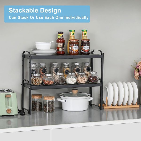 2 Pack Expandable Cabinet Countertop Shelves, Stackable Shelves Organizers For Kitchen Cabinet Countertop Storage, Adjustable Counter Cupboard Pantry Organizer Shelf Rack Stand, Length:20.5" - Image 3
