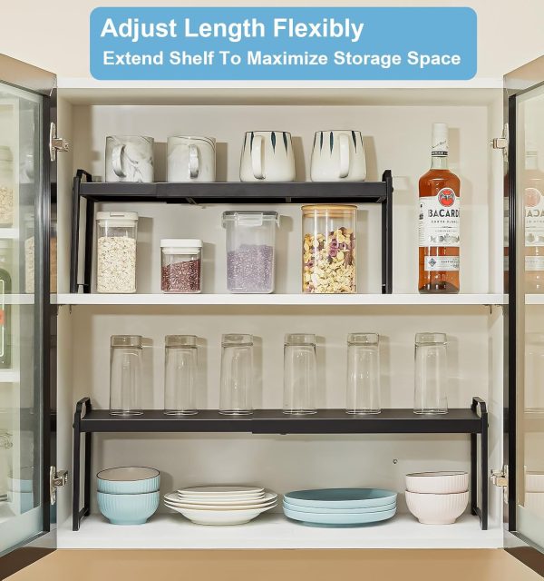 2 Pack Expandable Cabinet Countertop Shelves, Stackable Shelves Organizers For Kitchen Cabinet Countertop Storage, Adjustable Counter Cupboard Pantry Organizer Shelf Rack Stand, Length:20.5" - Image 5