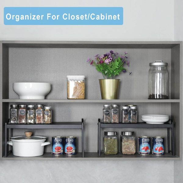 2 Pack Expandable Cabinet Countertop Shelves, Stackable Shelves Organizers For Kitchen Cabinet Countertop Storage, Adjustable Counter Cupboard Pantry Organizer Shelf Rack Stand, Length:20.5" - Image 6