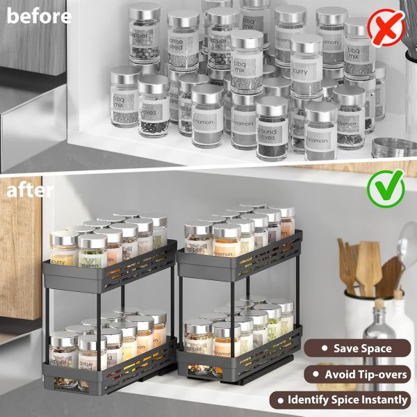 3 Packs Pull Out Spice Rack Organizer for Cabinet, Slide Out Spice Racks Organizer,Spice Cabinet Organizers, Cabinet Size Need:12'' Highx11'' Deepx5'' Wide,Each Tier Hold 10 Spice Jar - 2 Tier, Black - Image 4