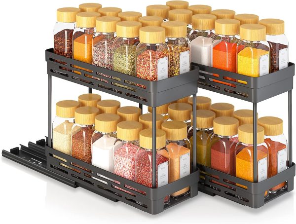 3 Packs Pull Out Spice Rack Organizer for Cabinet, Slide Out Spice Racks Organizer,Spice Cabinet Organizers, Cabinet Size Need:12'' Highx11'' Deepx5'' Wide,Each Tier Hold 10 Spice Jar - 2 Tier, Black - Image 8
