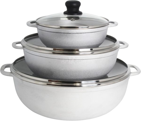 IMUSA Caldero Stock Pot with Glass Lid 3pc Set, 1.5/3.5/7 QT, Cast Aluminum, Perfect for Serving Large & Small Groups, Riveted Handles, Made in Colombia, Silver