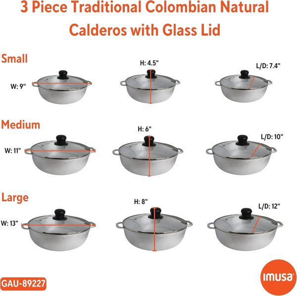 IMUSA Caldero Stock Pot with Glass Lid 3pc Set, 1.5/3.5/7 QT, Cast Aluminum, Perfect for Serving Large & Small Groups, Riveted Handles, Made in Colombia, Silver - Image 2