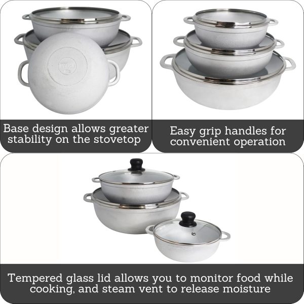 IMUSA Caldero Stock Pot with Glass Lid 3pc Set, 1.5/3.5/7 QT, Cast Aluminum, Perfect for Serving Large & Small Groups, Riveted Handles, Made in Colombia, Silver - Image 3