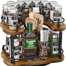 Lazy Susan Organizer Spice Rack - Spice Organization for Cabinet Height Adjustable Rotating Lazy Turntable, Pantry Kitchen Wood Revolving Seasoning Organizer, 12 inches, Black