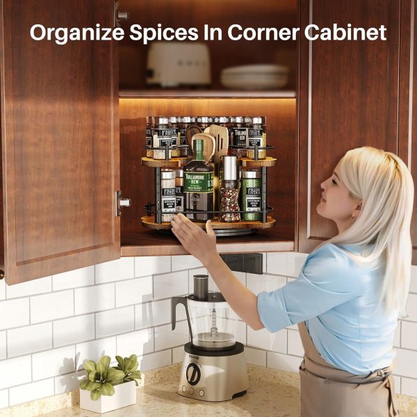 Lazy Susan Organizer Spice Rack - Spice Organization for Cabinet Height Adjustable Rotating Lazy Turntable, Pantry Kitchen Wood Revolving Seasoning Organizer, 12 inches, Black - Image 2