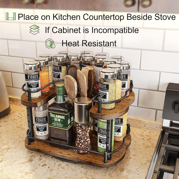Lazy Susan Organizer Spice Rack - Spice Organization for Cabinet Height Adjustable Rotating Lazy Turntable, Pantry Kitchen Wood Revolving Seasoning Organizer, 12 inches, Black - Image 3