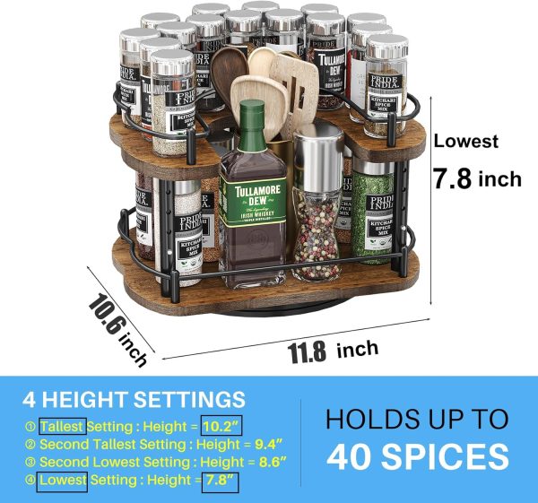 Lazy Susan Organizer Spice Rack - Spice Organization for Cabinet Height Adjustable Rotating Lazy Turntable, Pantry Kitchen Wood Revolving Seasoning Organizer, 12 inches, Black - Image 6