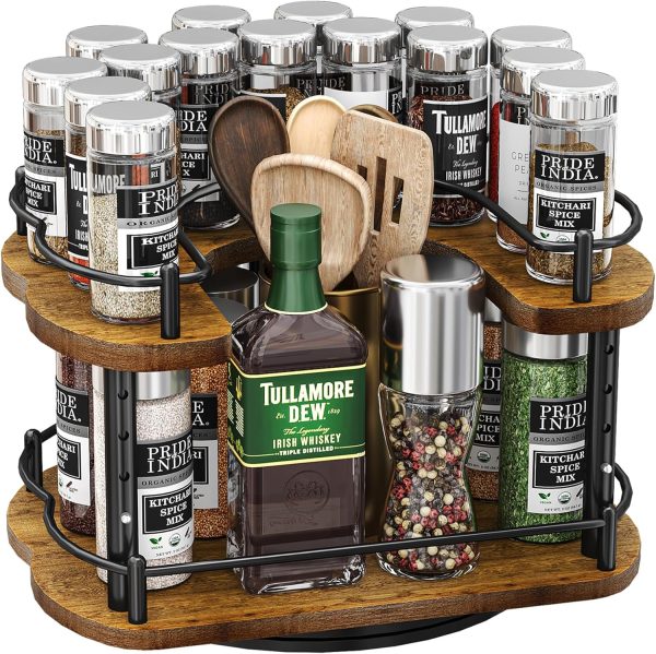 Lazy Susan Organizer Spice Rack - Spice Organization for Cabinet Height Adjustable Rotating Lazy Turntable, Pantry Kitchen Wood Revolving Seasoning Organizer, 12 inches, Black - Image 8