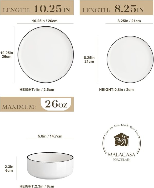 MALACASA Plates and Bowls Sets, 12 Pieces Modern Porcelain Dinnerware Set for 4 White Kitchen Dinner Dining Ware Set wtih Black Rim Ceramic Dishware Dishes Microwave and Dishwasher Safe, Series LUNA - Image 2