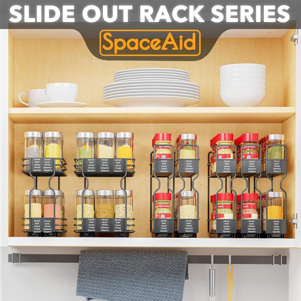 SpaceAid Pull Out Spice Rack Organizer for Cabinet, Heavy Duty Slide Out Seasoning Kitchen Organizer, Cabinet Organizer, with Labels, 7.7" W x10.75 D x10 H, 3 Drawers 2-Tier - Image 5