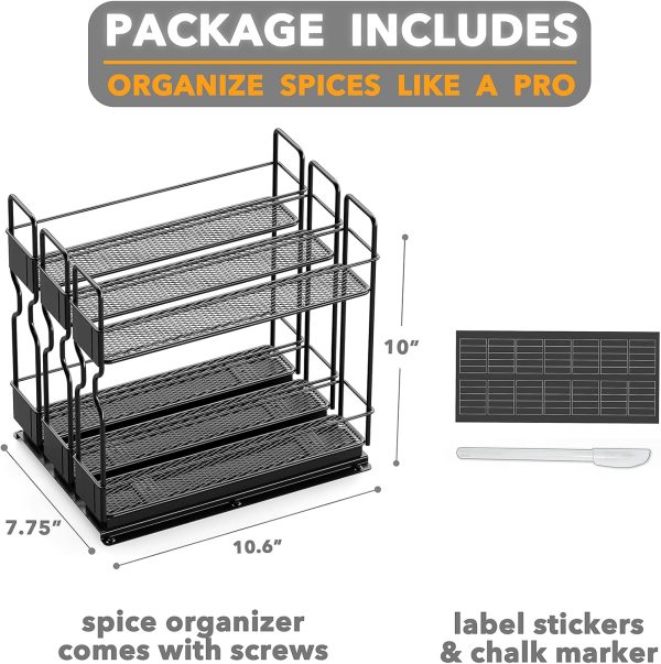 SpaceAid Pull Out Spice Rack Organizer for Cabinet, Heavy Duty Slide Out Seasoning Kitchen Organizer, Cabinet Organizer, with Labels, 7.7" W x10.75 D x10 H, 3 Drawers 2-Tier - Image 7